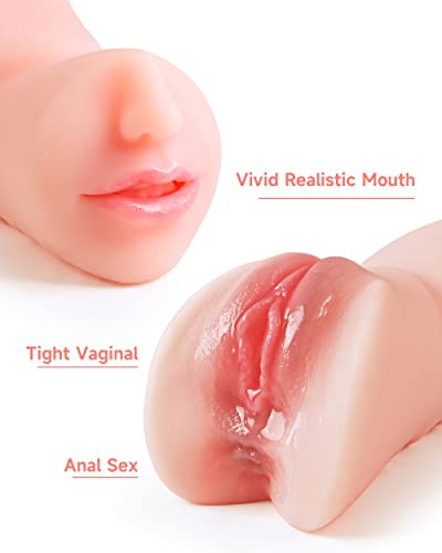 Image of 3 in 1 Pocket Pussy Male Masturbator, Sex Doll with 3D Textured Vagina & Tight Anus & Drying Stick, Adult Sex Toy Male Blowjob Stroker with Real Mouth Tongue for Man Masturbation (Fair Skin)