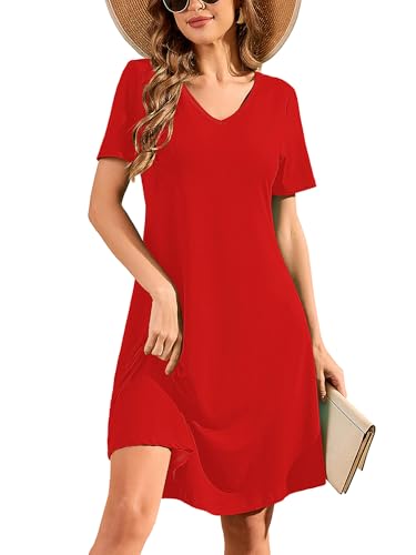 Image of DEARCASE Summer Dresses for Women V-Neck Short Sleeve T Shirt Dress Casual Flowy Swing Beach Vacation Mini Sundress