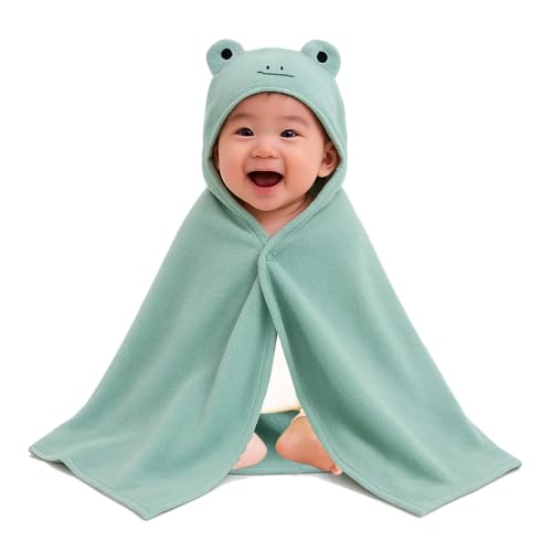 Image of 100% Cotton Hooded Towel - Frog Design with Snap Closure | Baby Bath Towel | 24 inch x 47 inch (60x120cm)