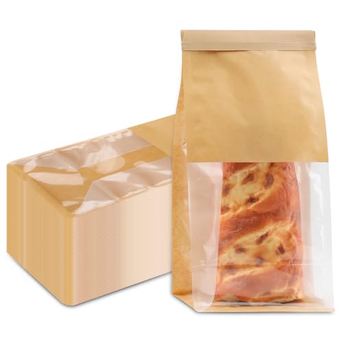 50Pcs Bakery Bags with Window, 5.1 x 3.9 x 11 Inches Kraft Paper Cookie Bags, Resealable Tin Tie Tab Lock Bag for Packaging Bread, Coffee Bean, Candy