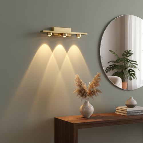 Image of Navam Creation 3 LED Spotlight Wall Light, Gold Finish Modern Wall Mounted Vanity Light, Warm White Accent Lighting for Bathroom Mirror, Bedroom, Hallway, Living Room & Home Decor