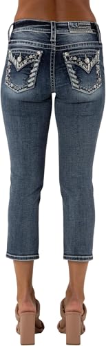 Miss Me Women's Heritage Star Border Embellished Faux Flap Pockets Mid-Rise Capri Jeans (Dark Blue, 33W x 23L)
