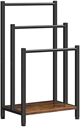 HOOBRO Freestanding Towel Rack, 3 Tier Metal Blanket Rack, Blanket Ladder Holder for Bathroom, 16.9"L x 11"W x 31.9"H, Industrial Drying and Display Rack with Shelf, Rustic Brown and Black BF03LB01