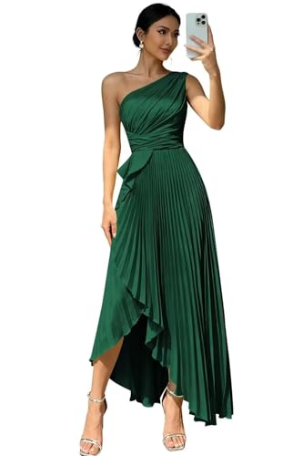 Gricharim One Shoulder Satin Emerald Bridesmaid Dresses for Women A Line High Low Pleated Long Formal Party Dress Size 4