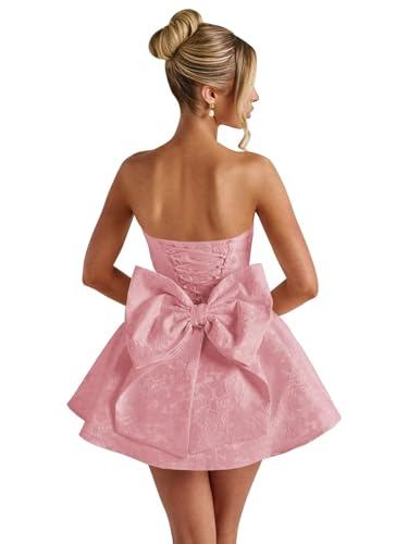 Image of Basgute Floral Jacquard Satin Short Homecoming Dresses for Teens A Line Strapless Formal Prom Evening Gown with Bow