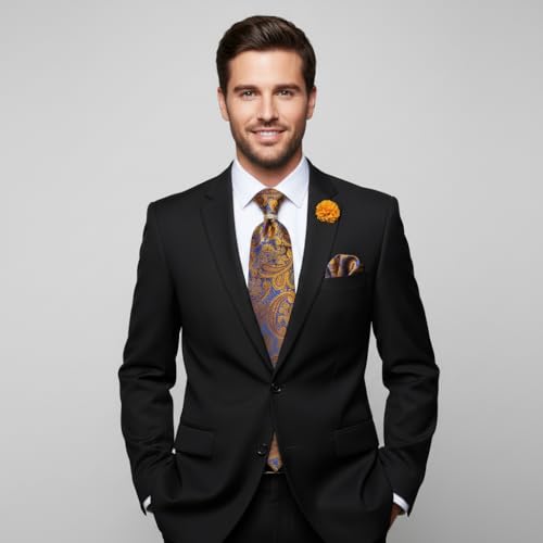 Image of 5PCS Tie and Pocket Square for Men, Silk Necktie and Handkerchief Cufflinks with Gold Ring and Lapel Pin Set