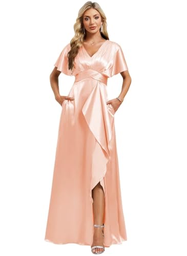 Image of Elegant Satin Bridesmaid Dress with Sleeves Ruffles High Silt Formal Dresses Long for Women Fall DIN022