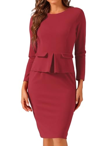 Allegra K Damen Bodycon Kleider Rundhals Langarm Casual Arbeit Outfits Schößchen Etuikleid, Rot/Ausflug, einfarbig (Getaway Solids), X-Klein