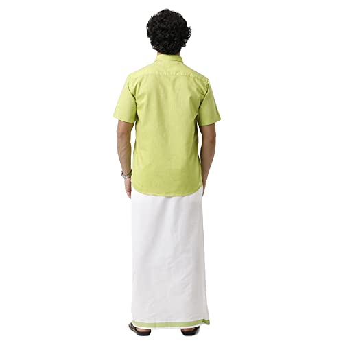 Image of UATHAYAM Varna Pale Green Cotton Slim Fit Solid Half Sleeve Shirt and Dhoti Set Combo