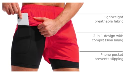 Image of Pudolla Men's 2 in 1 Running Shorts 5 inch Quick Dry Gym Athletic Workout Shorts for Men with Phone Pockets