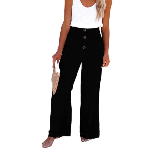 Linen Blend High Rise Smocked Pants,Women's Summer Solid High Waisted Loose Casual Elastic Waist Wide-Leg Trousers