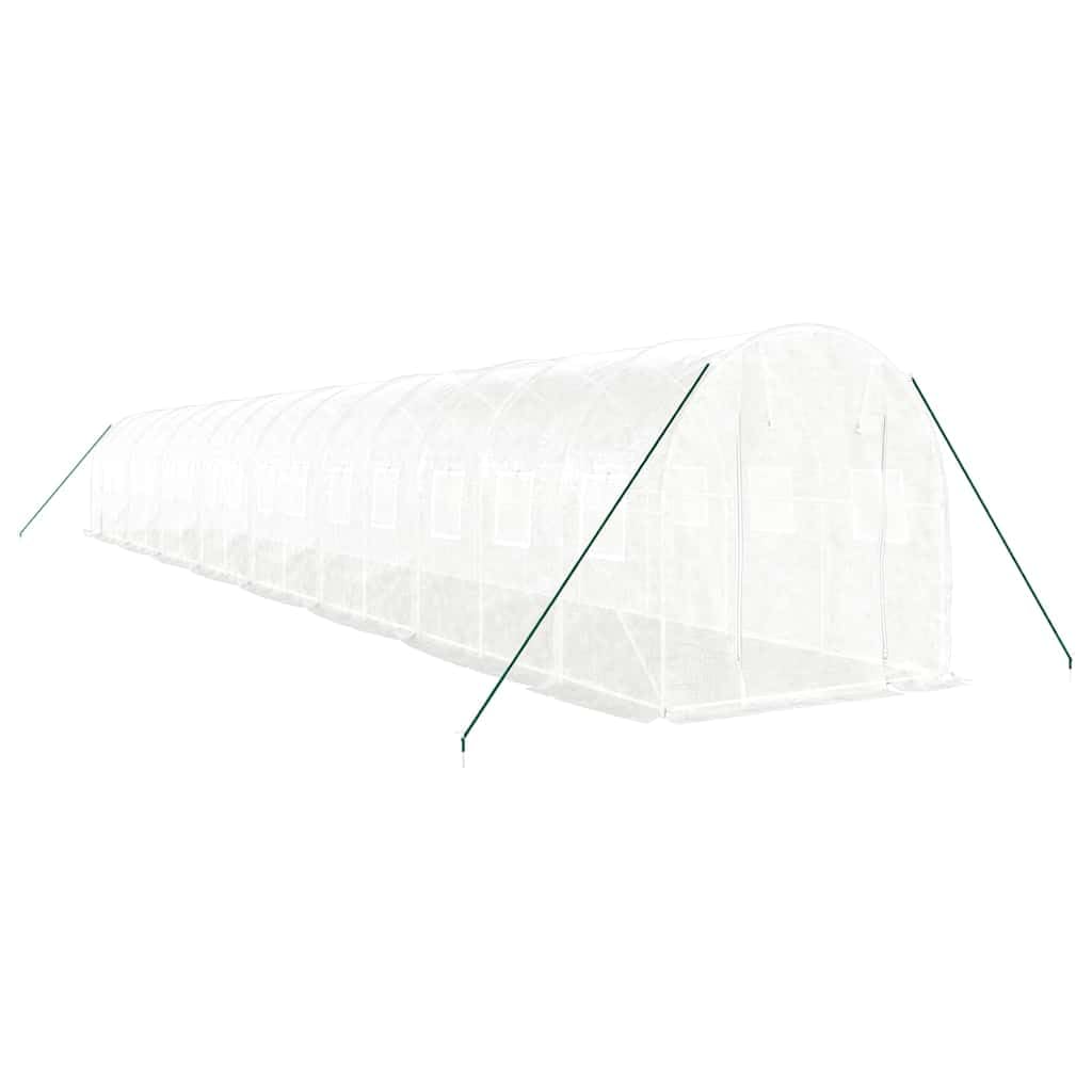 Gewächshaus mit Stahlrahmen Weiß, 32 m², 16 x 2 x 2 m, PE Folientunnel mit 4 Netzfenstern und Reißverschlusstür für Anbau, Aussaat, Keimung und frostgeschützte Pflanzenpflege