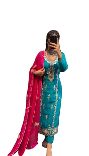 VS OPERATIONS Women's Chinnon Silk Embroidered Straight Full Sleeve Kurti with Pant & Dupatta Set (Sky Blue-M)