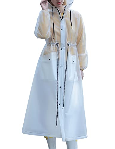 Muzeca Long Transparent Raincoat Waterproof Rain Poncho with Elastic Waistband for Adults White Large