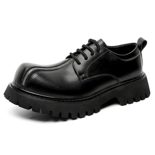 Men's Black Patent Leather Platform Derby Shoes Zipper Decoration Classic Round Toe Lace Up Lug Sole Chunky Heel Business Office Work Dress Oxfords