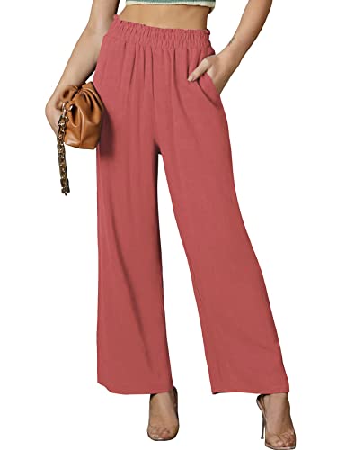 Rooscier Women's Elastic High Waist Straight Wide Leg Loose Long Pants with Pockets