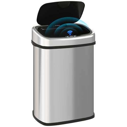 HOMCOM Pattumiera Cestino Bidone con Coperchio a Sensore ad Infrarossi per Cucina Bagno Capacità 58L in Acciaio ABS 40.9 × 28.9 × 68cm
