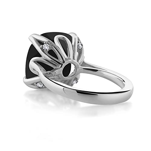 Gem Stone King 8.27 Cttw Black Onyx and White Created Sapphire Engagement Ring For Women | 925 Sterling Silver | 14MM Cushion Checkerboard | Available in Size 5,6,7,8,92