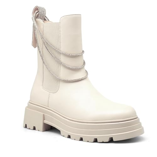 Women's Platform Combat Boots, Cream White, Leather, Mid-Calf Length,Detachable Triple