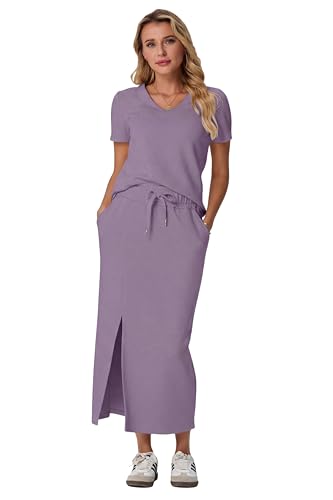 Image of GRECERELLE Women Summer Casual 2 Piece Sets V-Neck Wrinkle-Free Top & Elastic Waist Midi Side Slit Skirt with Pockets
