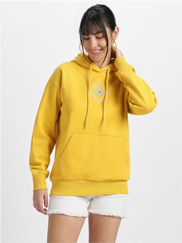 Image of JUNEBERRY Cotton Poly Fleece Oversized Fit Black, Green, Magenta, Mustard, Orange, Purple, Blue, Off White & Grey Graphic Printed Full Sleeve Hoodie for Women