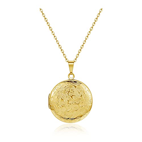 Zysta Vintage Charms Medaillon Kette für Foto Bilder, Silber Rund/Herz Anhänger zum Öffnen mit Blumen Muster Herzanhänger Amulett für Damen (Gold- Rund Anhänger)