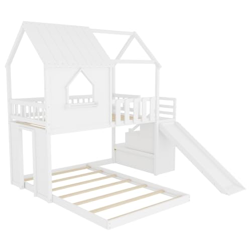 Image of Bellemave Bunk beds Twin Over Full with Slide,Storage Staircase,House roof Design,Low bunk /loft Bed for Kids，White