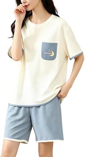 PHOLEEY Women's Pajamas, Top and Bottom Set, Short Sleeve, Shorts, Round Neck, Loungewear, Comfortable, Breathable, Summer