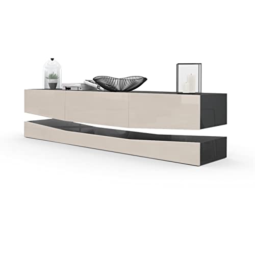 Vladon Buffet Bas City, Meuble TV avec Socle, 1 Compartiment Ouvert et 3 tiroirs, Noir Haute Brillance/Gris Sable Haute Brillance (178 x Variable x 39 cm)