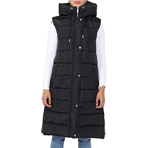 Women Gilet Puffer Jacket Longline Hooded Quilted Zip Up Vest Padded Bodywarmer Waistcoat Winter Wear Long Coat For Ladies (XXL, Black) Cover