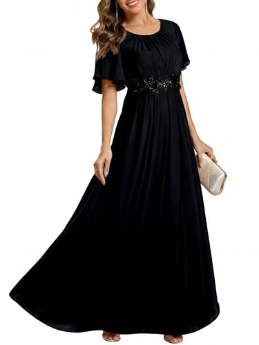 Ever-Pretty Women's Classic Round Neck Pleated Short Sleeves Chiffon Appliques Floor Length A Line Formal Evening Dresses