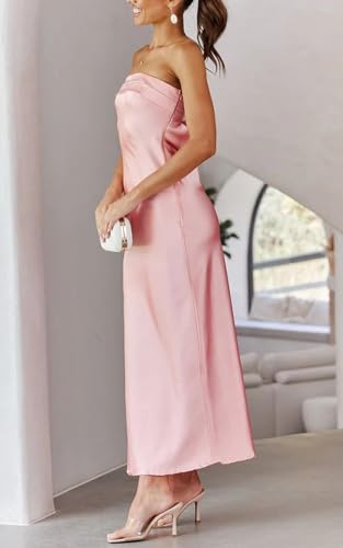 Image of Women Summer Lightweight Satin Maxi Bodycon Dress Strapless Tube Backless Hollow Out Long Party Dress