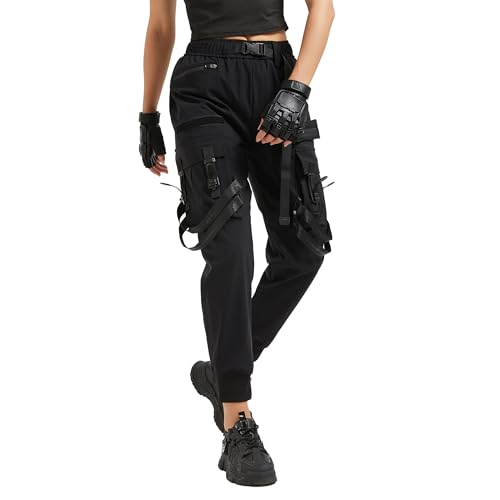 MEINVQIAOTI Functional Techwear Punk Dark Goth Pants Jogger Tactical 7 Pockets high Waisted Black Cargo Pants for Women（Black，S）