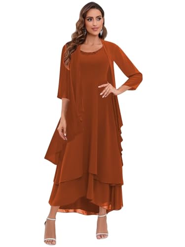 2 Piece Mother of The Bride Dresses Tea Length Chiffon Formal Dress with Jacket