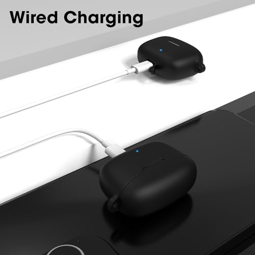 Image of Sounce Earphone Case Cover Compatible with pTron Bassbuds Duo, Soft Silicone Skin Case Cover Shock-Absorbing Protective Case with Keychain-Black [Front LED Visible]-(Case Cover Only)