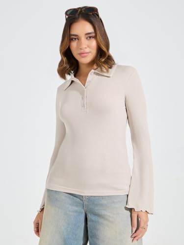 Styli Rib Fitted Polo T-Shirt with Button Placket Beige S