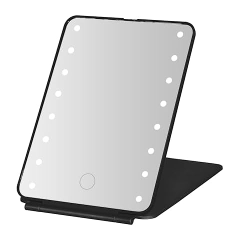 Melannco Folding Black LED Vanity Mirror, Dimmable LED Lights, Compact Packable Mirror, Rechargeable, Great for Travel Cover