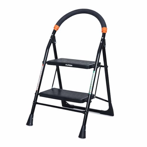 Image of FLIPZON Premium Alloy Steel Cameo Ladder, Foldable with Wide Anti-Slip Steps Durable, Heavy Duty | Guard Rail for Safety | with Anti-Slip and Advanced Locking System, 2 Steps (Black & Orange)
