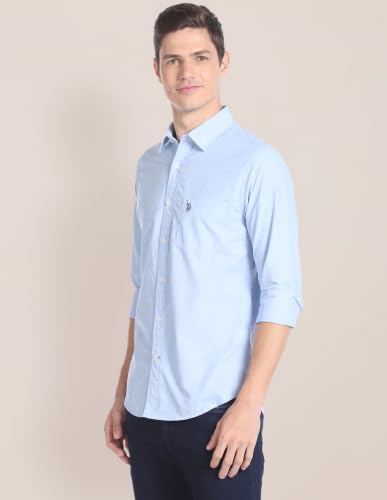 Image of U.S. POLO ASSN. Men's Blue Solid Spread Collar Collared Neck Full Sleeve Casual Cotton Regular Fit Shirt