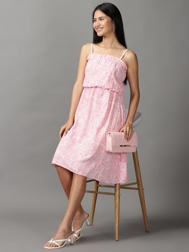 Image of SHOWOFFFF Women Bohemian Fit and Flare Casual Dress | Shoulder Straps Sleeveless Crepe Dress for Womens | Knee Length Dress for Women's