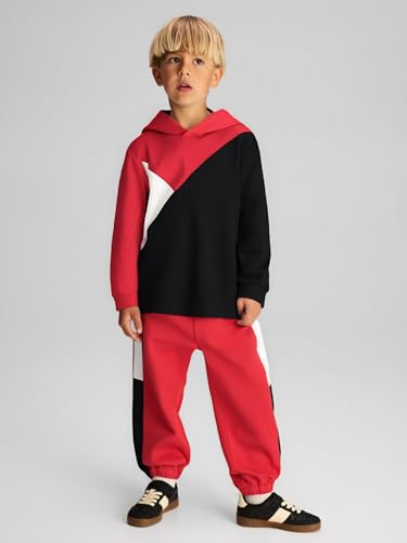 Image of Boys Clothes 2pcs Tween Boy Color Block Hoodie + Pants Little Boys Fall Winter Outfits Set, 4-12 Years