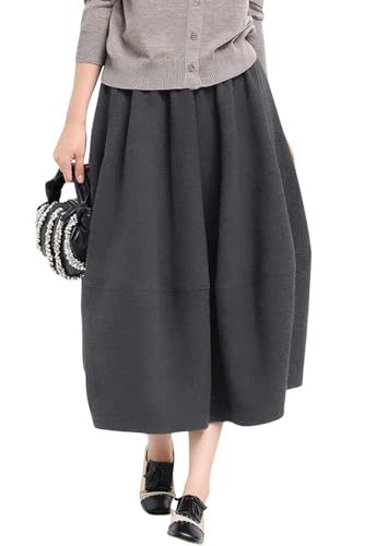 chouyatou Womens 2025 A-Line Wool Winter Fall Skirt Cute Y2K Elastic Waist Pleated Flowy Midi Long Skirt (Large Grey)