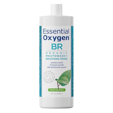 Essential Oxygen Certified BR Organic Brushing Rinse, All Natural Mouthwash for Whiter Teeth, Fresher Breath, and Happier Gums, Alcohol-Free Oral Care, Peppermint, 32 Ounce Cover