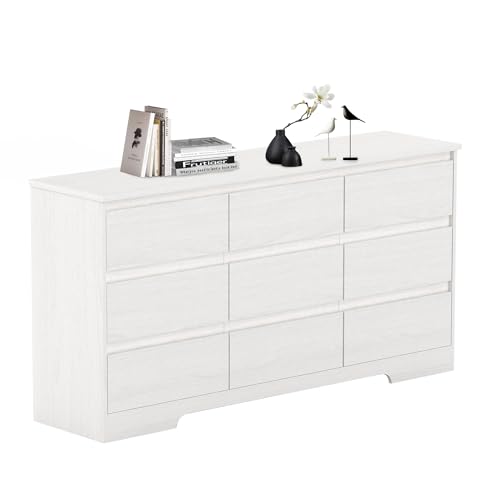 Image of IBXFO White 9 Drawer Chest of Drawers for Bedroom, Wide Chest of Drawers No Handles, Wood Storage Cabinet for Living Room, Hallway, Entryway