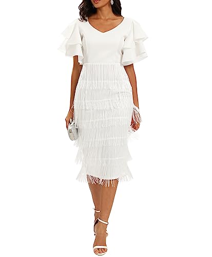 VERWIN Women's Fringe Maxi Dress High Waist V Neck Tiered Tassels Ruffles Sleeve Bodycon Prom Dress M White