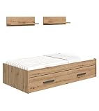 Home Heavenly® - Cama Nido Juvenil Elda + 2 estantes Pared. Cama 90x190 cm + Cama supletoria Arrastre. (Roble Nodi)
