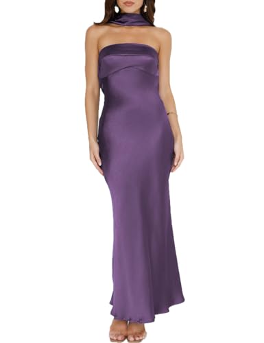Damen Sommer Satin Trägerlos Tube Top Maxikleid Elegant Seide Rückenfrei Neckholder Formelle Partykleider Hochzeitsgast, Violett, Klein