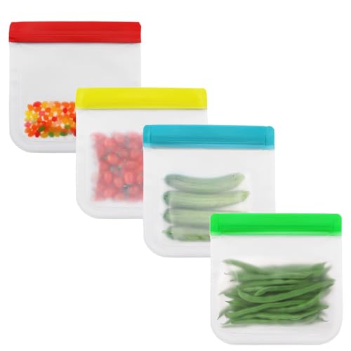 ASISUN Lot de 4 sacs de rangement réutilisables avec fermeture éclair et sac de collation réutilisables anti-fuite, sacs de congélation en PEVA pour nourriture, légumes, lait, collations, viandes