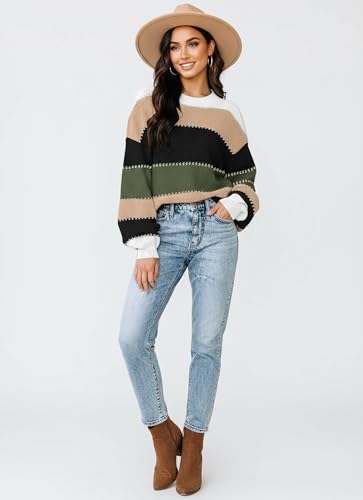 Image of Womens Sweaters Fall Fashion 2026 Color Block Oversized Pullover Knit Tops