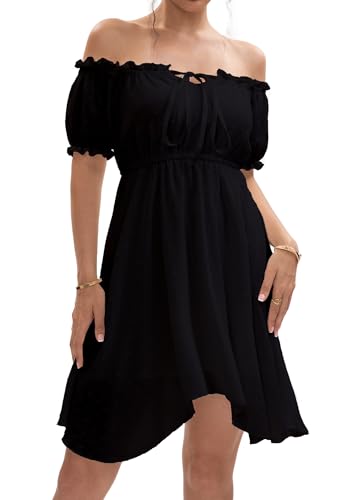 Image of Womens Off Shoulder Ruffle Puff Sleeve Tie Up Irregular Swiss Dot Mini Cottagecore Dress